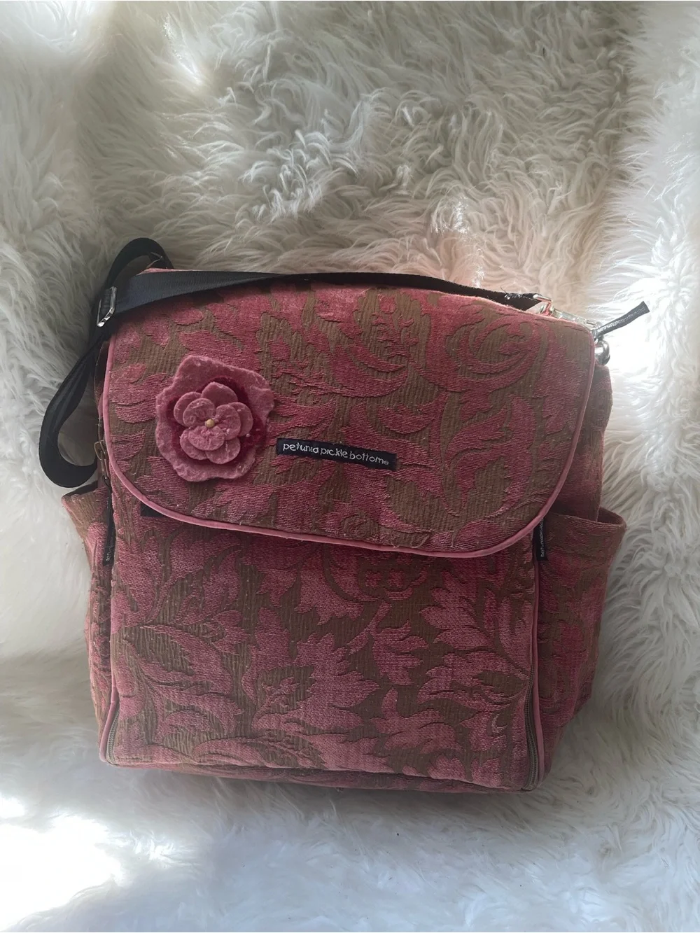 Petunia Pickle Bottom Pink Floral Jacquard Messenger Diaper Bag with Black Strap